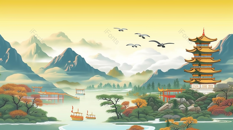 国潮风黄鹤楼地标建筑四只飞鸟山水插画,插画/手绘图,插画/手绘图库,插画/手绘图下载,插画/手绘